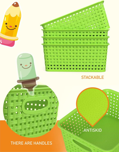 WYT 6-Pack Plastic Small Shelf Storage Weave Baskets, Organizing for Cabinets and Pantries, Green