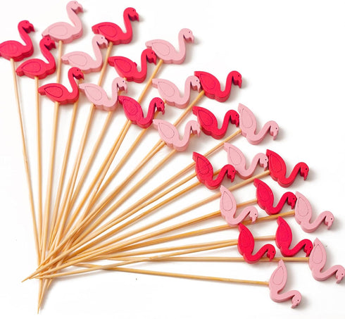 PuTwo Handmade Bamboo Cocktail Picks - 100ct Toothpicks, 4.7" in Flamingo Decor