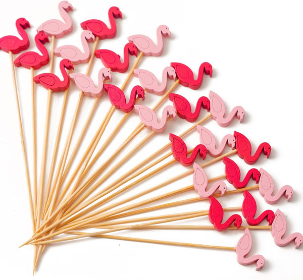 PuTwo Handmade Bamboo Cocktail Picks - 100ct Toothpicks, 4.7" in Flamingo Decor