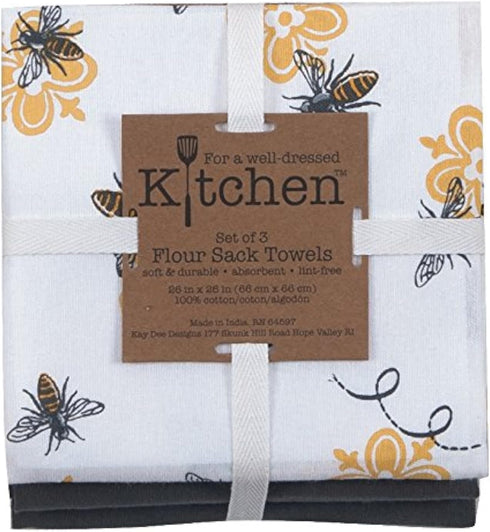 Kay Dee Designs 3-Piece Cotton Flour Sack Towel Set - 26 by 26-Inch, Queen Bee