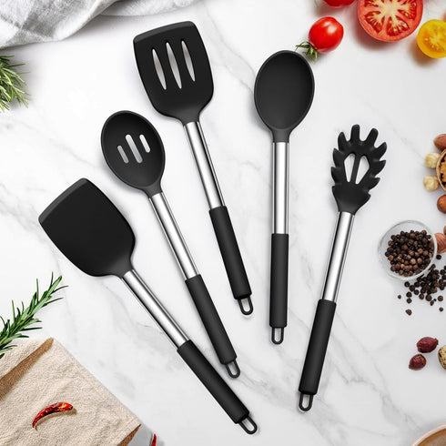 TeamFar 5 PCS Cooking Utensils Set, Silicone Kitchen Tools with Stainless Steel Handle for Nonstick Cookware