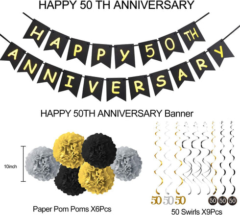 50th Wedding Anniversary Decorations Kit, Gold Glitter Happy 50th Banner, Sparkling 50 Hanging Swirls, Poms