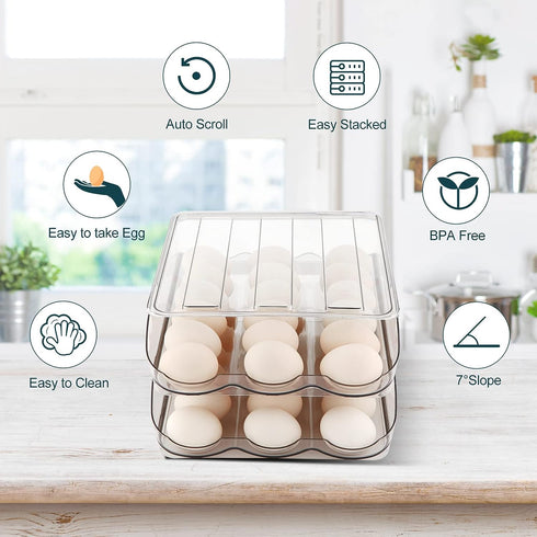 Egg Holder, Automatically Rolling Egg Storage Container for Refrigerator, Large Capacity Organizer with Lid, Clear