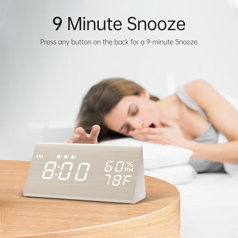 Digital Alarm Clock with Wooden LED Time Display, 3 Alarm Settings, Humidity & Temperature Detect