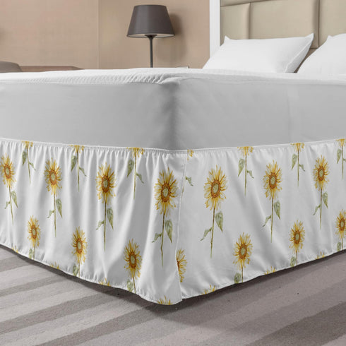 Lunarable Sunflower Bedskirt, Hand Drawn Floral Pattern, Queen Size, Green Ginger, Gathered Design