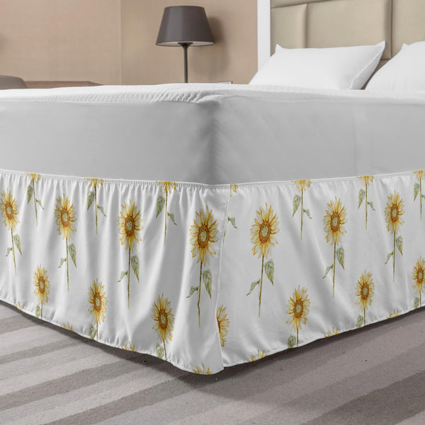 Lunarable Sunflower Bedskirt, Hand Drawn Floral Pattern, Queen Size, Green Ginger, Gathered Design