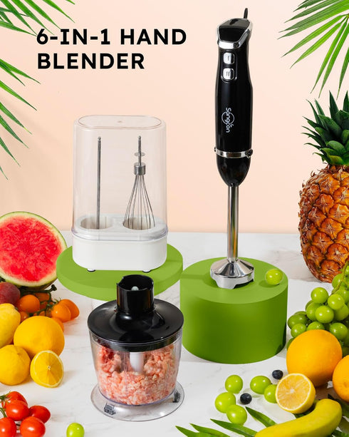 Sangcon 6-in-1 Immersion Blender: Handheld with Chopper & 34oz Blending Cup, 2-Speed Adjustable Stick Blender