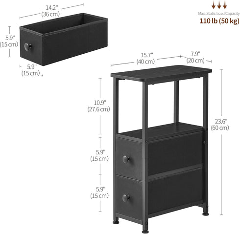 DALEMHOME 2 HKET1200BK End Table, Narrow Side Table with Fabric Drawers, Slim Nightstand, Small Bedside Table