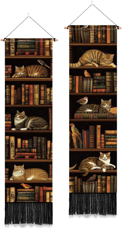 PLIGREAT 2 Pack Vintage Bookshelf Wall Hangings, Classic Library Tapestry with Tassels