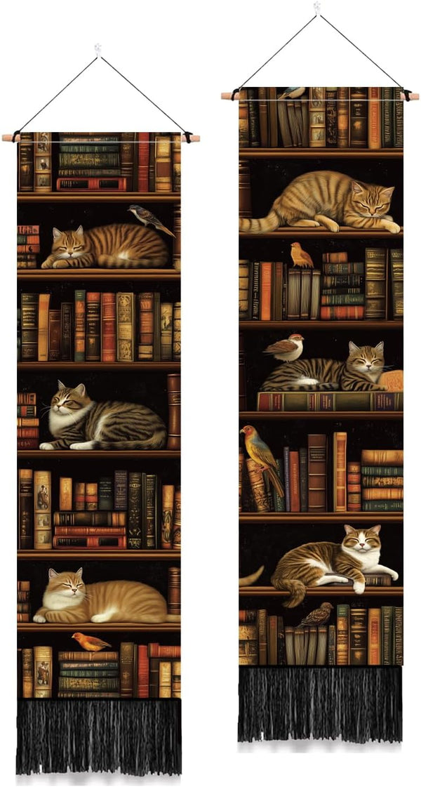 PLIGREAT 2 Pack Vintage Bookshelf Wall Hangings, Classic Library Tapestry with Tassels
