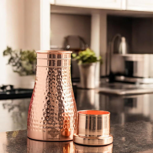 Indian Art Villa Pure Copper Bedroom Water Bottle with Inbuilt Glass & Hammered Shine Design, 32 Oz