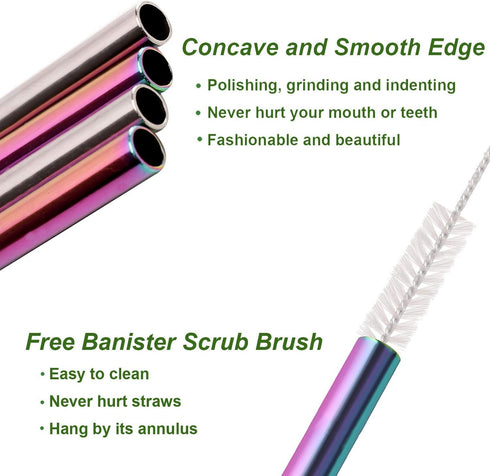 VEHHE Reusable Straws Set - 8 Multi Color Stainless Steel Straws with Cleaning Brush (Rainbow, 8.5 inch + 10.5 inch)