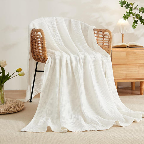 EMME (White,50"x60") Cotton Muslin Throw Blanket for Couch Breathable Gauze Soft Lightweight Blankets for Adults