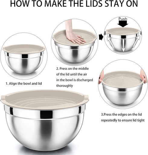 Khaki Mixing Bowls with Lids, Set of 5, P&P CHEF Stainless Steel Nesting Salad Bowls for Mixing & Storing