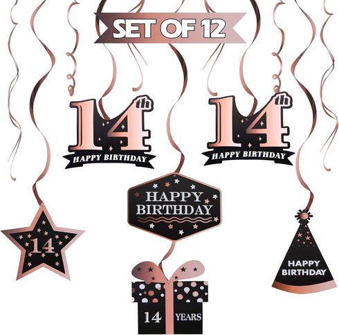 LINGTEER Happy 14th Birthday Decorations, 12 Pcs Black & Rose Gold Foil Swirls Streamer Set for Fourteen Years Old
