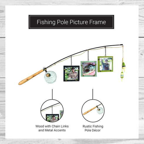 4x4 Young's Inc Wood Fishing Pole Triple Photo Frame Rustic Lake House Wall Fish Decor with Hanging Frames, Lodge