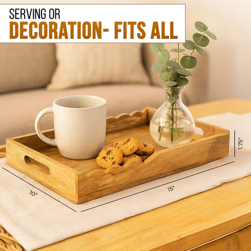 15x10x1.75 inch Mela Artisans Wooden Serving Tray with Handles | | Mango Wood Decorative Tray| Ottoman Tray | Snacks |