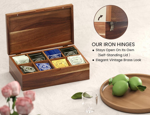 Packet 8 Acacia Wood Tea Bag Organizers, Tea and Sugar Storage Chest with Lid, Wooden Teabag Holder Containers,Tea Box