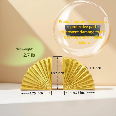 Golden Fan Book Ends Decorative Bookends for Shelves, Elegant Fan Bookends for Bookshelf Decor, Decorative Book