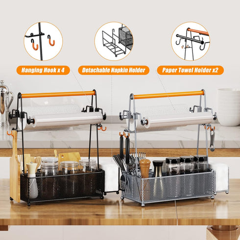 PHINOX Utensil Holder for Party, Picnic, and Camping, Black Flatware Caddy with Handle & Paper Towel Roll Holders