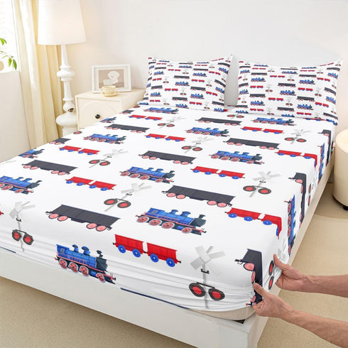 Sets Erosebridal Cartoon Train Bedding Red Blue Train Fitted Sheet for Boys Child,Kids Vehicles Bed Sheets Kids Car