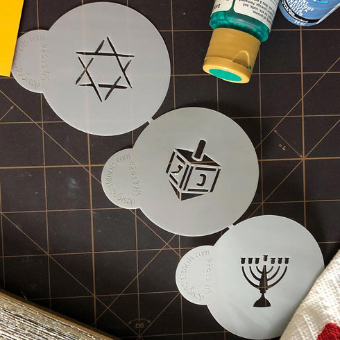 Designer Stencils Jewish Symbols Cookie and Cupcake Stencils, Small, Dreidel, Star of David, Menorah, Beige