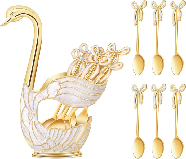 Gold Swan Base Holder, Elegant Dessert Spoons Organizer with 6pcs Coffee Spoon Set, Premium Zinc Alloy (Gold)