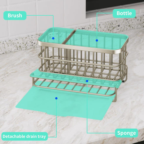 SUS304 Countertop- HapiRm Kitchen Sink Caddy Organizer - Versatile Sponge Holder with Drain Tray, Stainless Steel