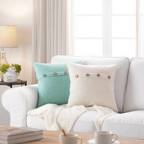 Meekio Set of 2 Ivory Square Pillow Covers, 16 x 16 Farmhouse Boho Covers with Coconut Buttons for Living Room Décor
