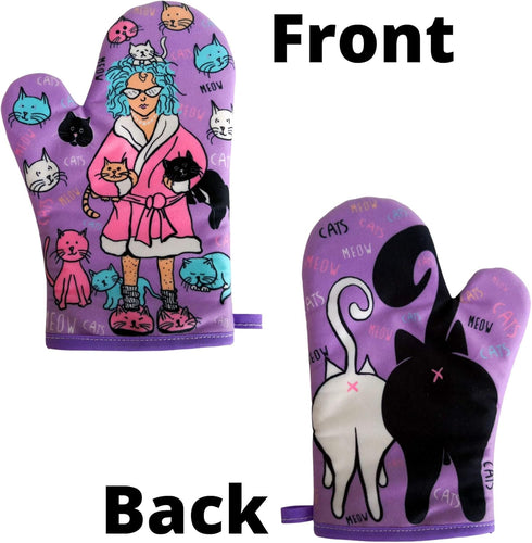 Crazy Cat Lady Funny Pet Kitchen Accessories, Graphic Kitchenwear, Purple Oven Mitt + Apron