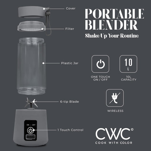 COOK WITH COLOR Mini Portable Blender - 250W Power, 12oz Capacity, Stainless Steel Blade, Wireless/USB Rechargeable, Grey by COOK WITH COLOR