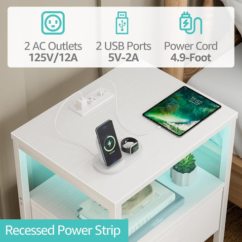 BOLUO White Nightstand with Charging Station, LED Night Stand with Fabric Drawers and Shelf, Bedside Table with USB