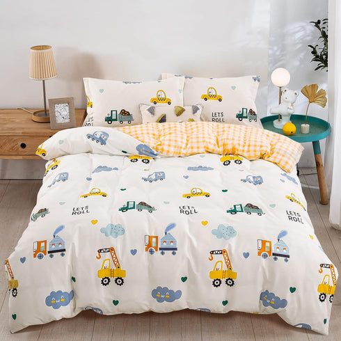 Kids Duvet Cover Set Twin, Cotton Cartoon Car Truck Bedding Set for