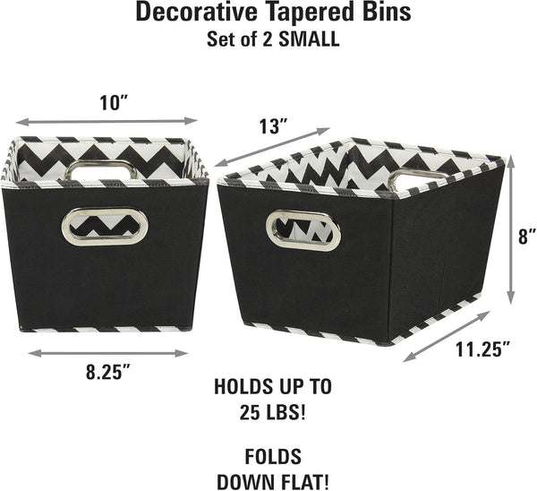 Household Essentials Fabric Storage Bins, Set of 2, Tapered KD Bins with Dual Grommet Handles, Black Chevron Print