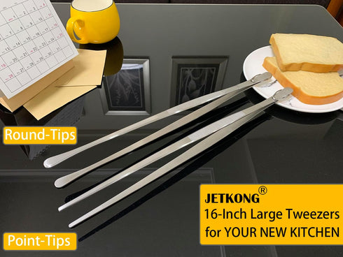 JETKONG 16-Inch Fine Tweezer Tongs - Extra-Long Cooking Tweezer, Stainless Steel Kitchen Tweezers (Round-Tips)