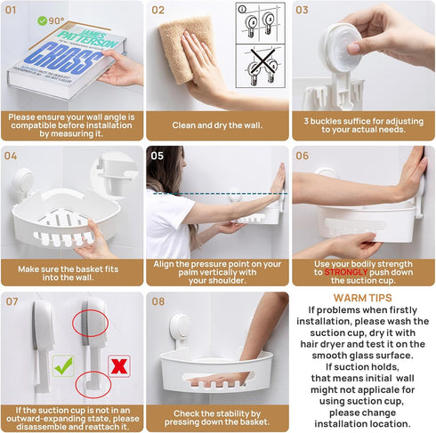 2 Pack LEVERLOC Corner Shower Caddy Suction Cup, shower shelves suction cup, Basket Powerful Bathroom, Waterproof