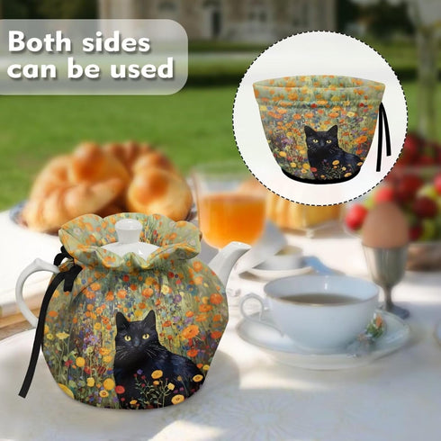 Black Cat Floral Print Tea Pot Cosy, Cotton Tea Cozy for Teapots, Dust Cover Insulated Kettle Cover for Kitchen