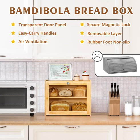 Countertop, Bread Box for Kitchen Double-layers large Bread Container with Transparent Door, Bread Storage&Multiple