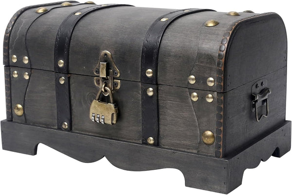 Vintage Wooden Treasure Chest Decorative Box with Lock, 12.2" x 7.1" x 7.1", Black