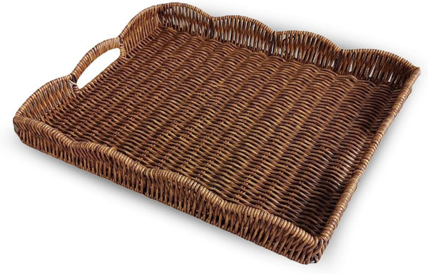 kumet Serving Tray with Scalloped Edge, Rectangular Wicker Tray with Handles, Ideal for