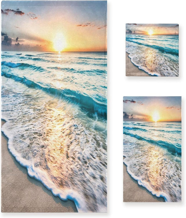 HATESAH Beach Bath Towels Set,Soft Highly Absorbent Sea Ocean Waves Island Hawaiian Sunrise