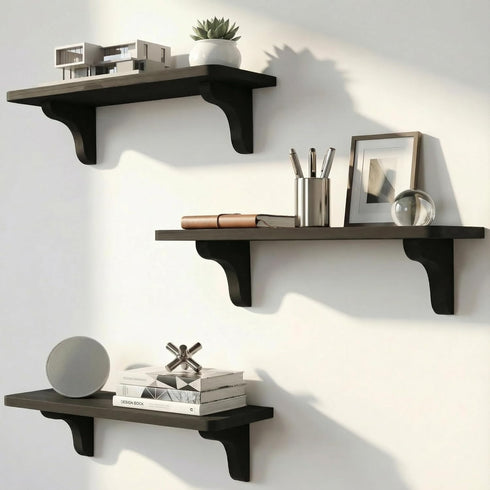 Real Wood Black Shelves for Wall - 17 inch (3 Pack) -