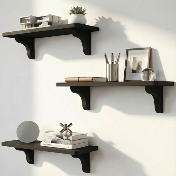 Real Wood Black Shelves for Wall - 17 inch (3 Pack) -