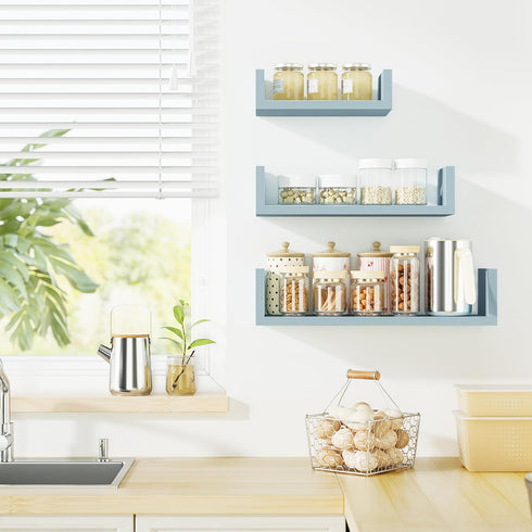 Set 3 SRIWATANA Floating U Shelves Wall Mounted, Solid Wood Wall Shelves of (Blue)