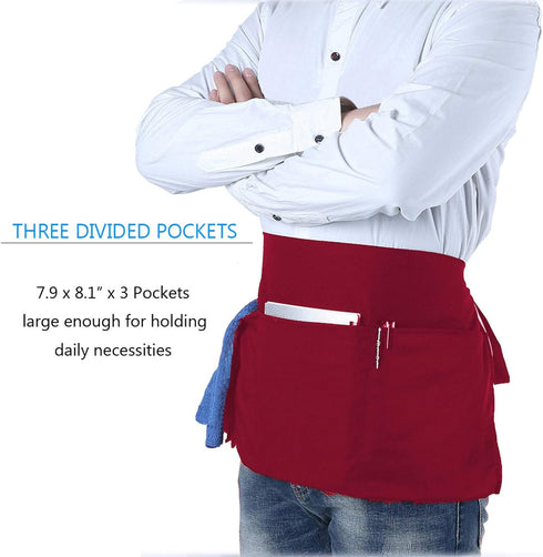 BOHARERS Waist Apron with 3 Pockets - Red Waitress Waiter Server Short Apron