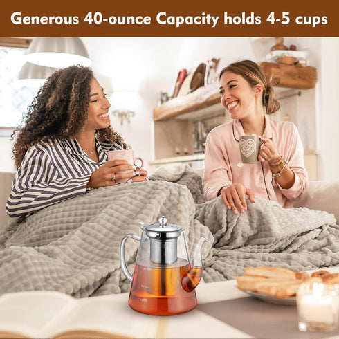 Zpose Glass Teapot 1200ml (40oz) with Removable Infuser for Loose and Blooming Tea - Stovetop Safe Tea Kettle