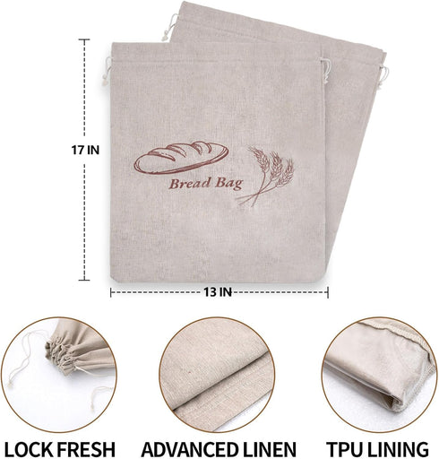 Cromagic 2-Piece Set. 13 17-inch Reusable Bread Bag x linen bread bag with plastic liner keeps bread fresh