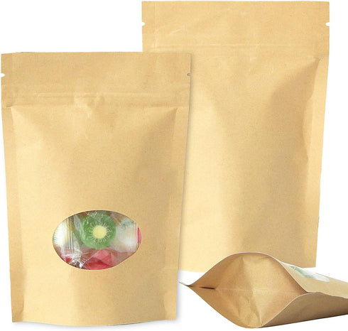 Kraft Stand Up Bags with Window, SumDirect 50Pcs, 4.3x 6.2 inches, Brown Food Storage Bags, Reusable