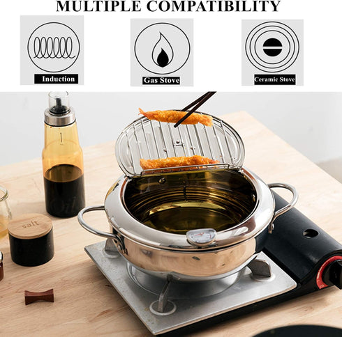 Yopay 304 Stainless Steel Deep Fryer Pot, Tempura Fryer with Thermometer and Lid, Japanese Style, 2.2L