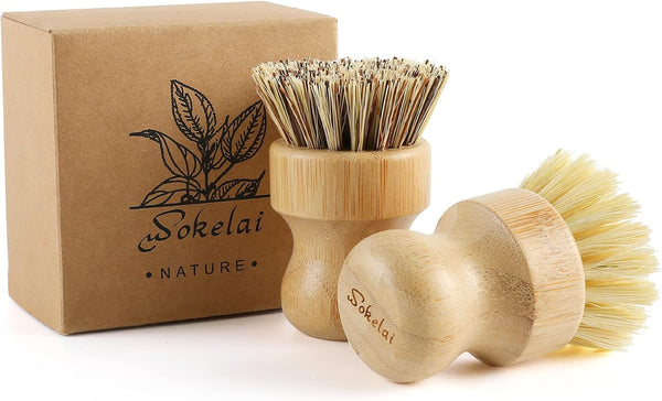Bamboo Dish Scrub Brushes Set - Eco-Friendly Natural Cleaning Scrubbers for Dishwashing, Set of 2